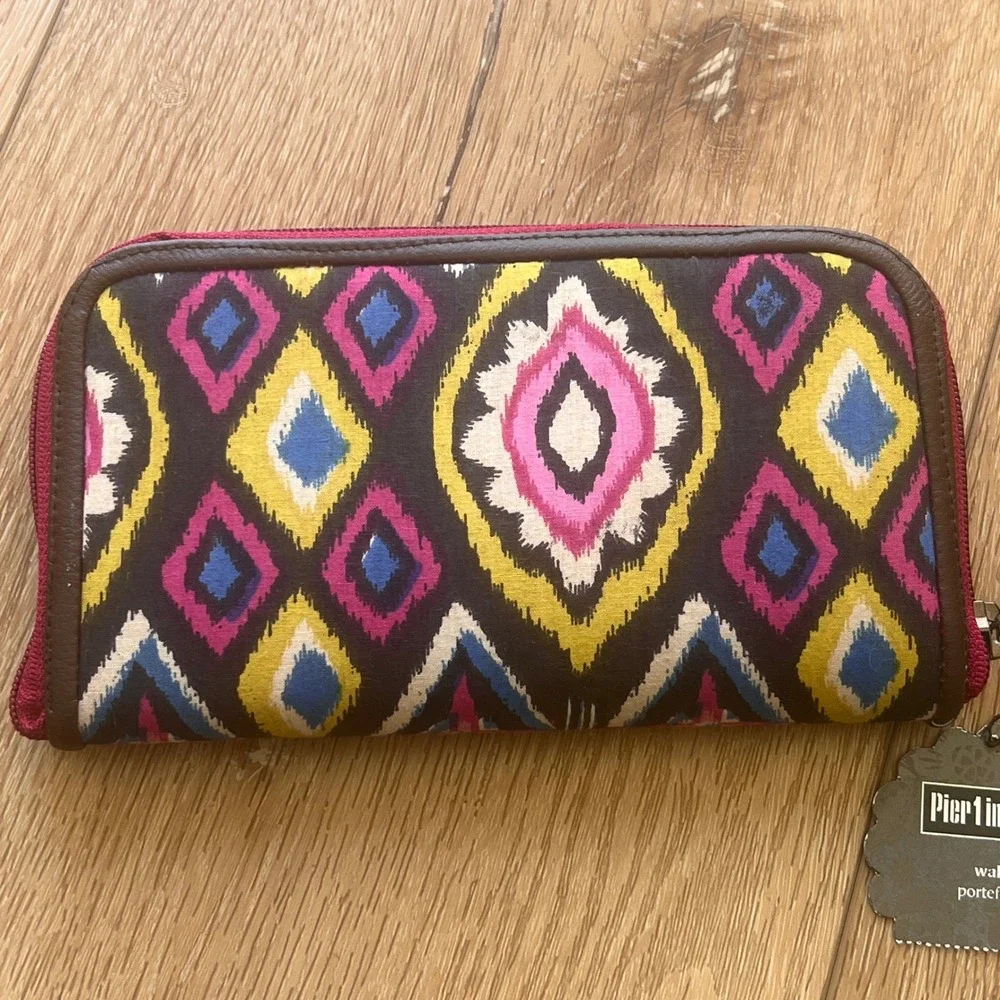 Pier 1 Imports Beaded Embroidered Zip Around Wallet Boho Ikat Geometric Pink NWT